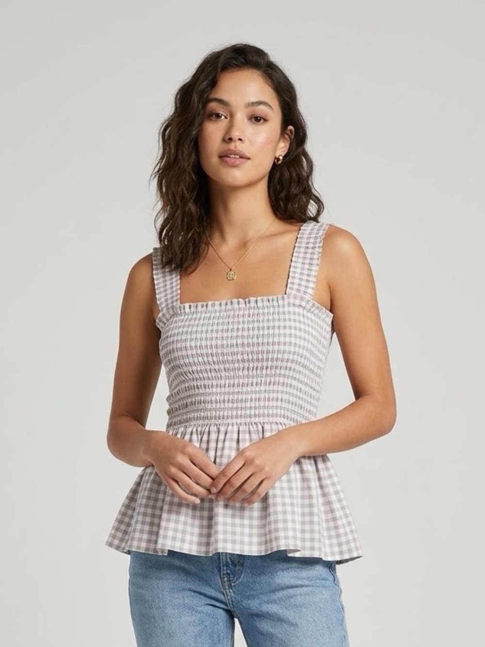 INTERMIX Taupe and White Gingham Smocked Peplum Tank